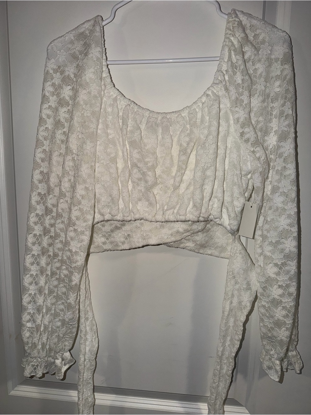 Crop Top Lace Tie-Around Long Sleeve Top - White - Picture 2 of 3